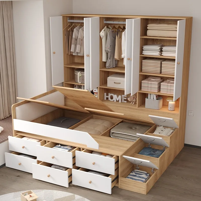 All solid wood bed and lower cabinet, with high box storage stairs wardrobe bed integrated, combined multi-functional