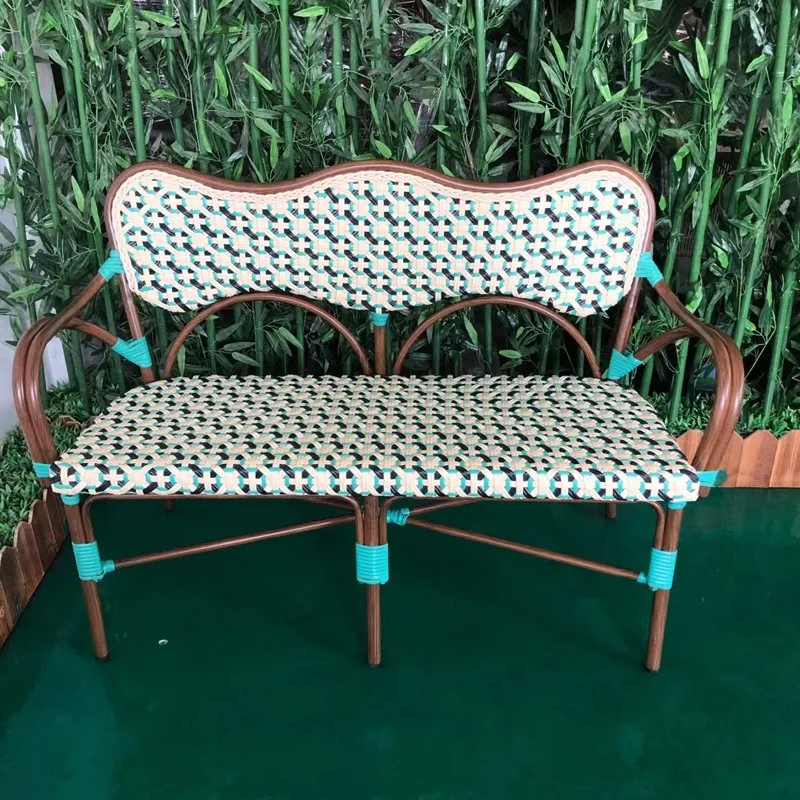 Double outdoor leisure chair, park courtyard rest bench, aluminum tube imitation bamboo pattern braided rattan armrest