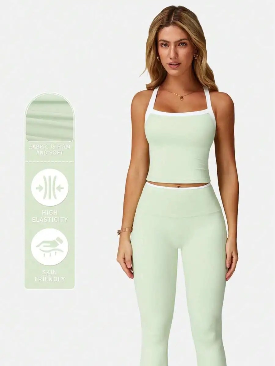 

Womens High Waist Yoga Set Contrast Color Sports Top And Stretch Leggings For Running Training