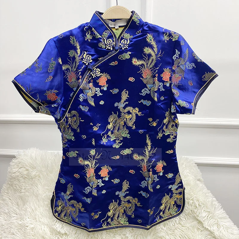 Blusa nacional china de talla grande para mujer, camisa de manga corta de verano, Tops tradicionales con cuello Mandarín de dragón Phoenix, ropa