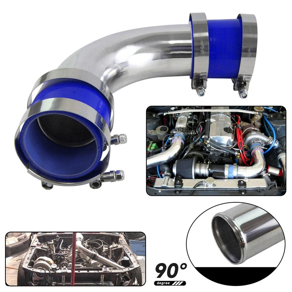 Universal 51 63 76mm Cold Air Intake Pipe Tube 90 Degrees Aluminum Racing Car Turbo High Flow 2pcs Silicone Hose Coupler Clamp