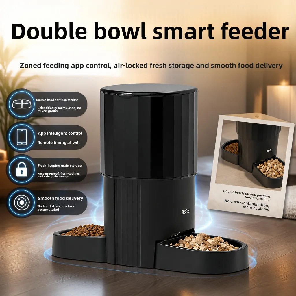 Intelligent pet automatic feeder, double bowl, universal large-capacity timed quantitative feeding machine for cats and dogs