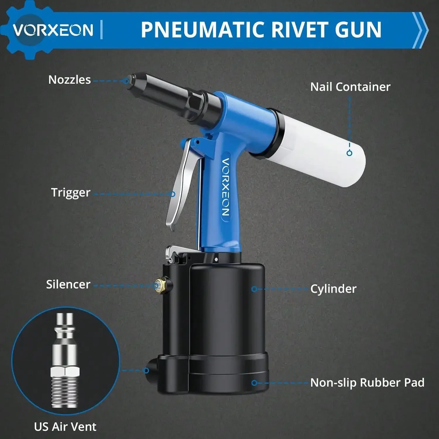 Pistola pneumática de rebite com 4 cabeças intercambiáveis, pressão de tração 1480kgf, pistola de ar preta e azul para garagem, oficina, barco, carro