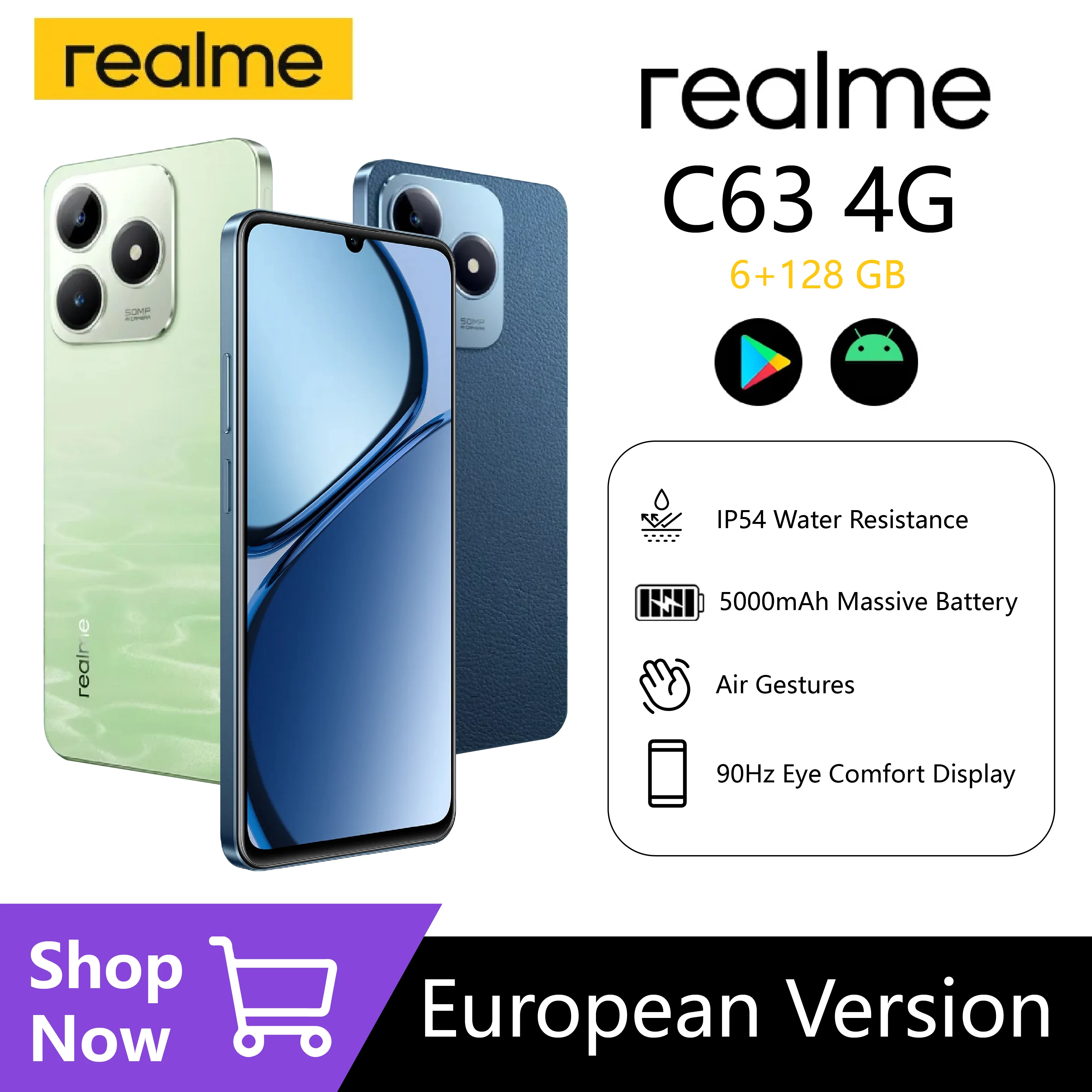 Realme C63 4G 6GB RAM+128GB Android Smartphone, 6.74'' 90Hz FHD+ Display, Dual-SIM, 50MP 5000 mAh Battery, EU Bundle