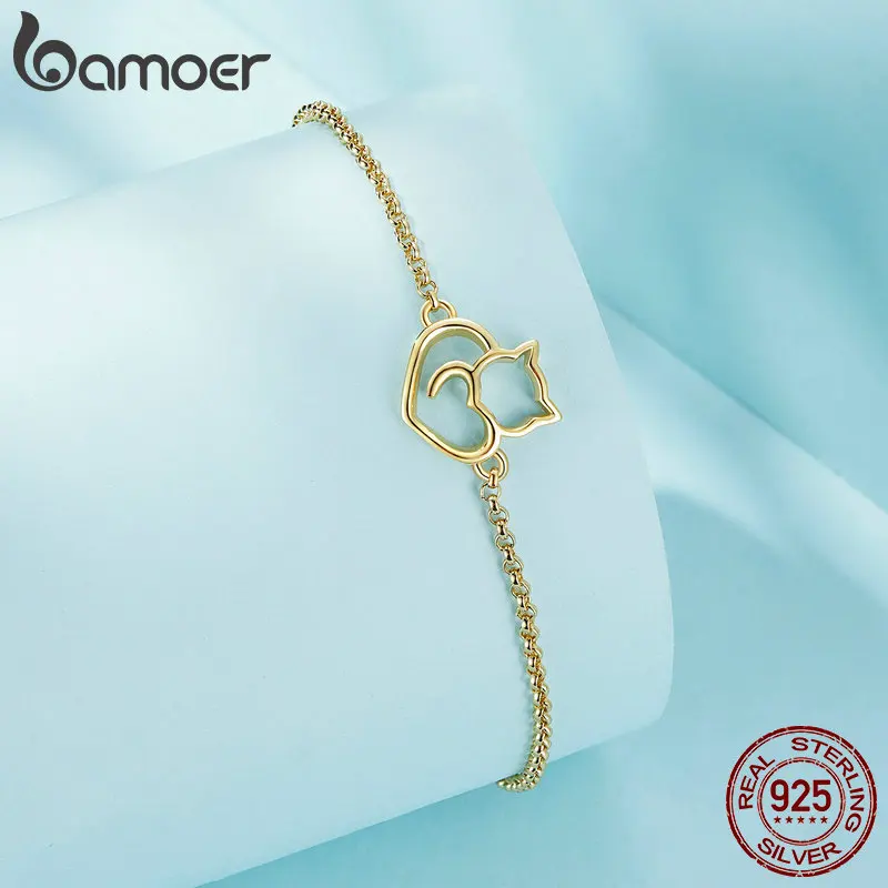 BAMOER 100% 925 Sterling Silver Cat And Heart Link Chain Bracelets & Bangles for Women Authentic Silver Jewelry Gift 3 Colors