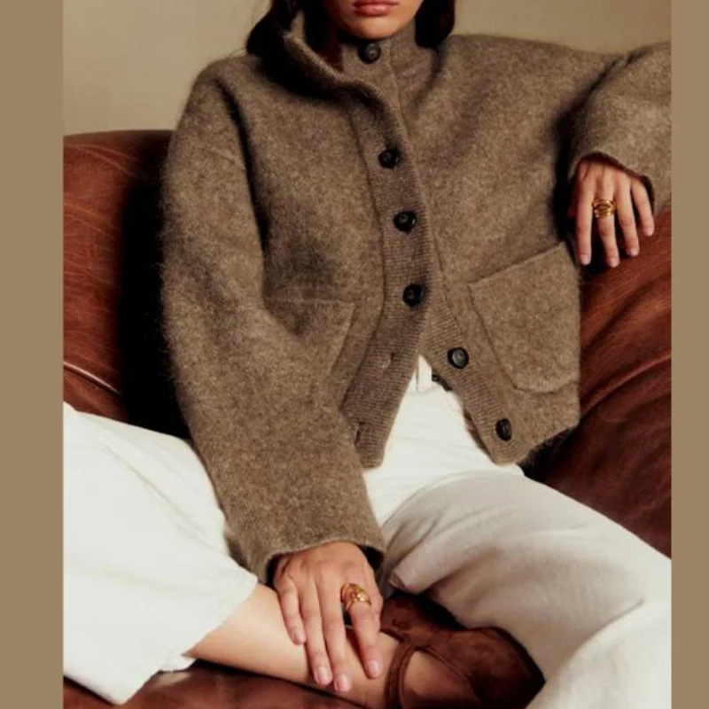 

2025 New Fashion Knitted Brown Sweater For Women O Neck Long Sleeve Single Breasted Pocket Coat New Autumn Daily Streetwear