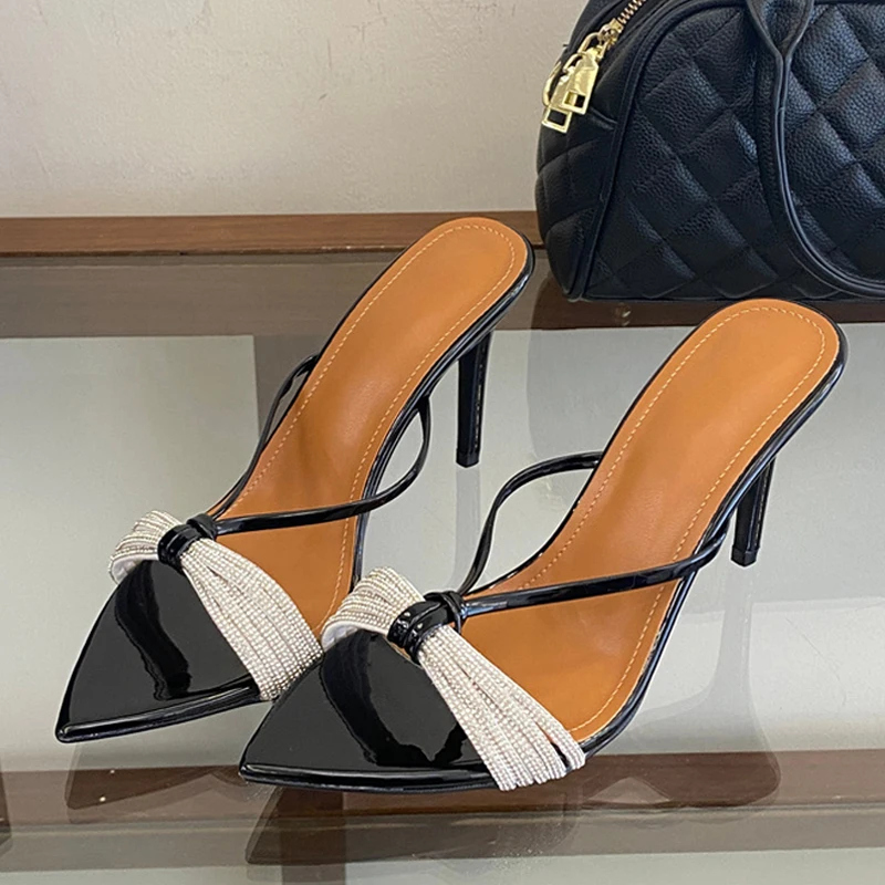 

Liyke Sexy Black High Heels Slippers Women Summer Fashion Crystal Rhinestone Narrow Band Slides Stripper Party Sandal Mules Shoe