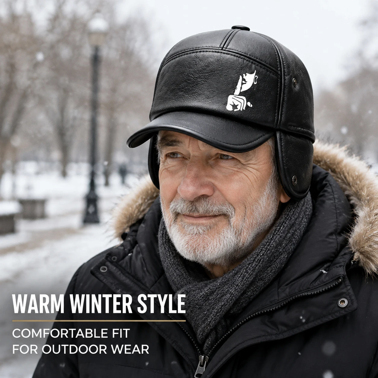 Men Winter Earflap Cap Black Faux Leather Baseball Hat with Warm Fold Down Ear Covers, Windproof Outdoor Trapper Hat for Seniors