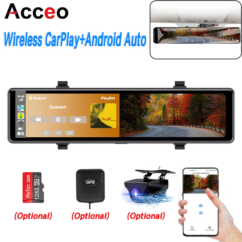 Acceo 4K Dashcam Rearview Mirror Car DVR Android Auto Wireless Carplay Built-in WIFI Support 1080P Rearview Camera Recorder GPS