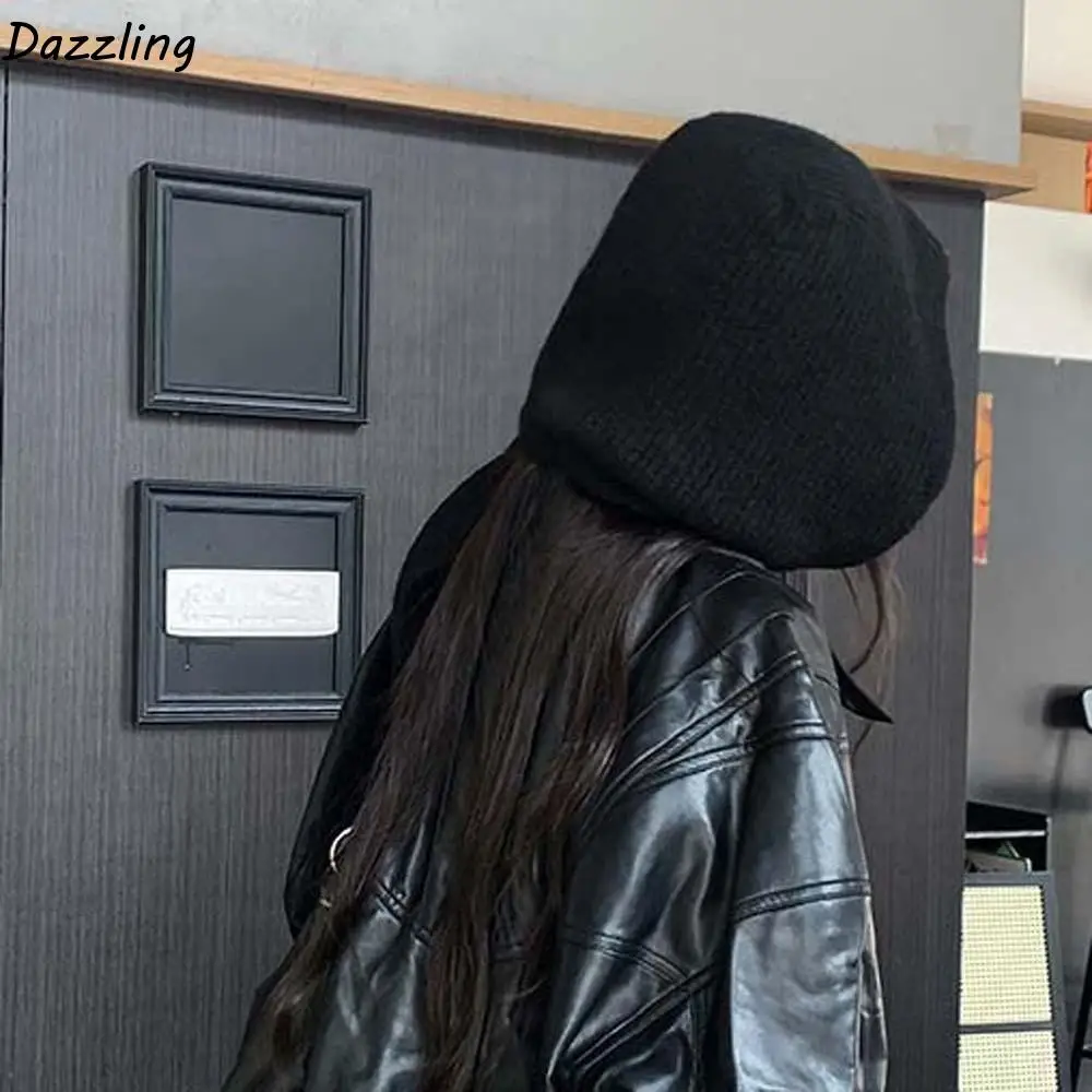 

Acrylic Fibers Knitted Hooded Cap Triangular Ear Protection Neck Collar Beanies Cap Solid Color Thickened Winter Neckerchief Hat