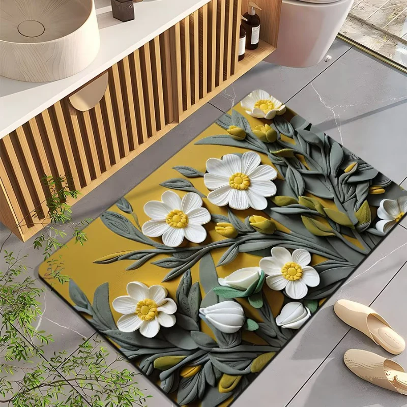 3D Flower Printed Diatom Mud Bath Mat Super Absorbent Shower Room Toilet Foot Pads Non Slip Entrance Doormat Soft Kithcen Rug