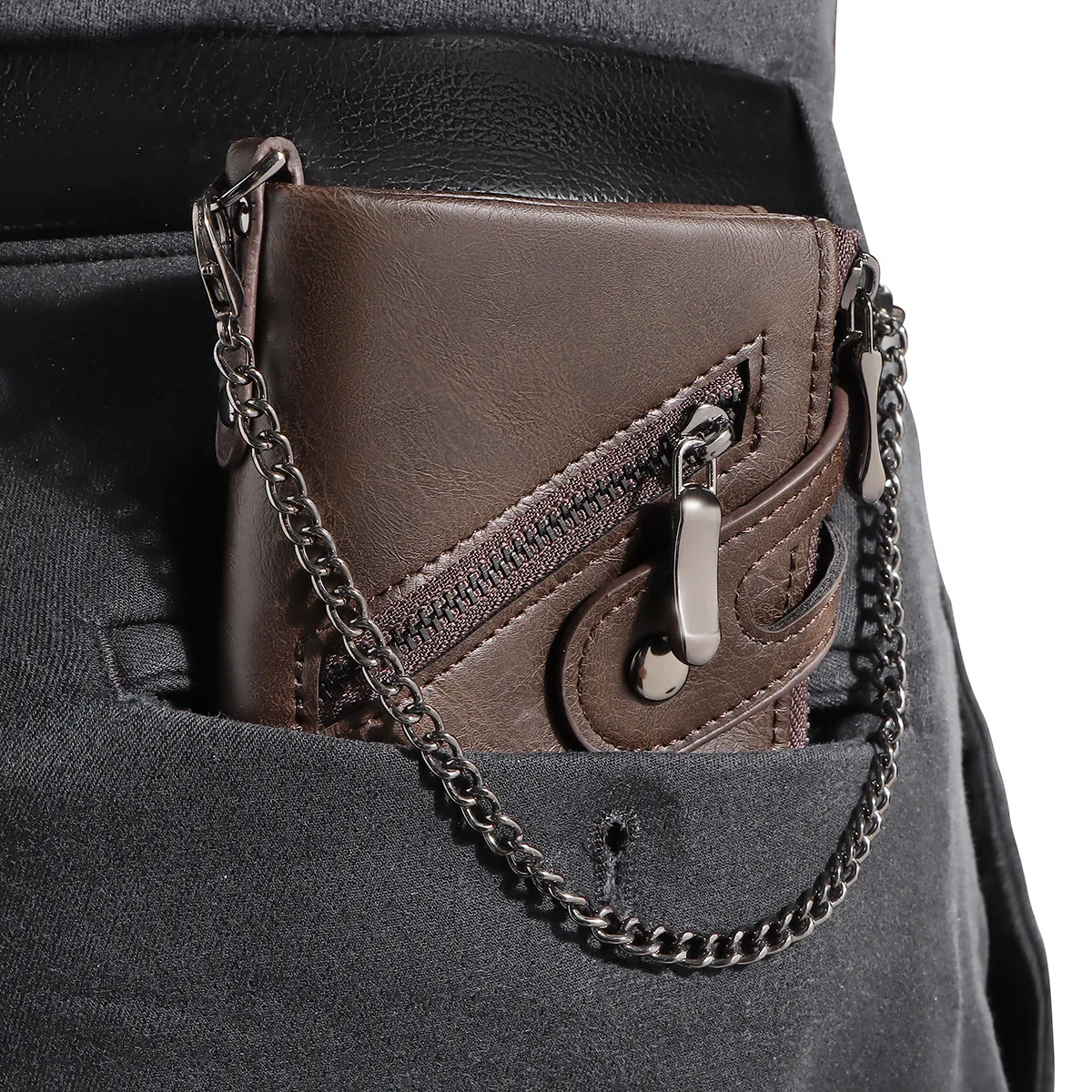 

Classic Retro Men's Chain Wallet RFID Anti-Theft Men's Leather Wallet Double Zipper Coin Purse Credit Card Holder for Men 지갑