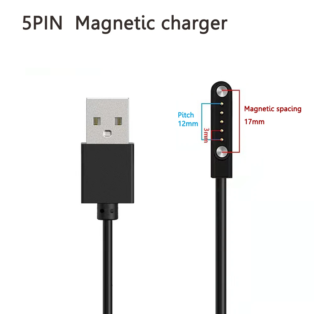 1pc 5pin Universal 12mm Space Smart Watch Magnetic Charging Cable USB 2.0 Male to 5 Pin Magnetic Suction Charger for Smart Watch