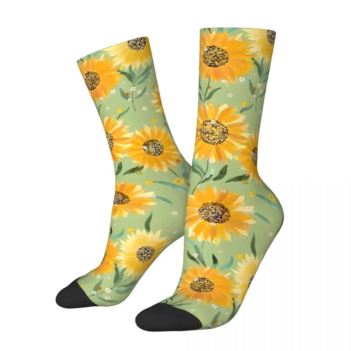 

Crazy compression Green Summer Sunflowers Watercolor Sock for Men Harajuku Seamless Pattern Crew Sock Casual