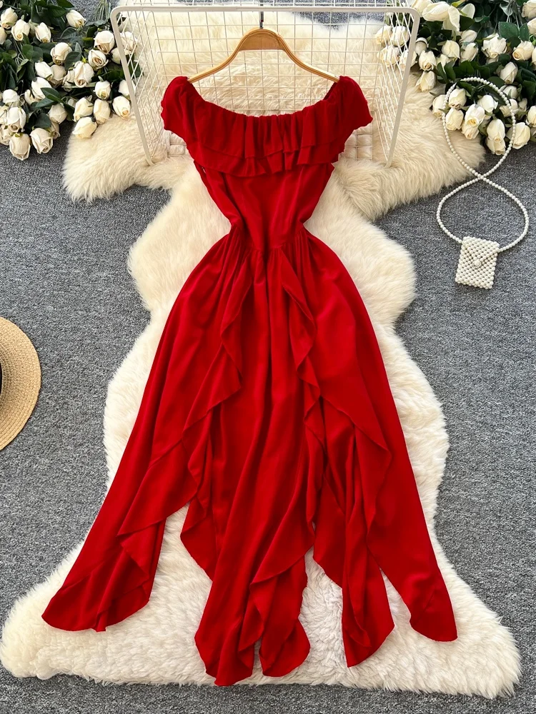 Czerwona szyfonowa sukienka na jedno ramię, damska, wiosna 2026, czysta pożądanie, asymetryczna, z podkreśloną talią, długa spódnica, koreański styl, wysoki stan.