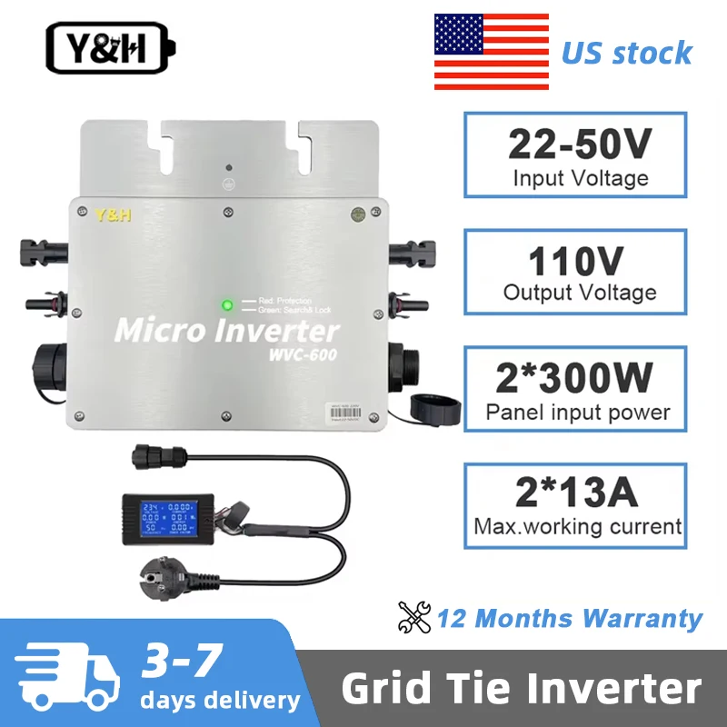 Y&H 600W MPPT Grid Tie Micro Inverter Solar Power Inverter DC28-50V to AC80-160V with LCD Display IP65 Waterproof, Plug & Play Easy Installation for Balcony Solar Power Station, DIY Home PV System, US Warehouse Fast Delivery