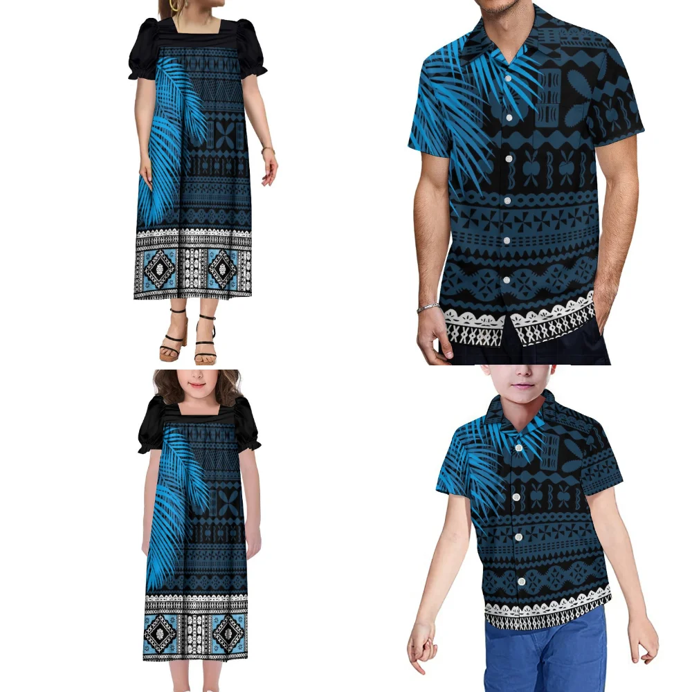 Fiji Islands Custom Family Set Polynesian Adult Children Summer Short Sleeve Uniformed Dress Micronesian Women Girls Mumu Dress