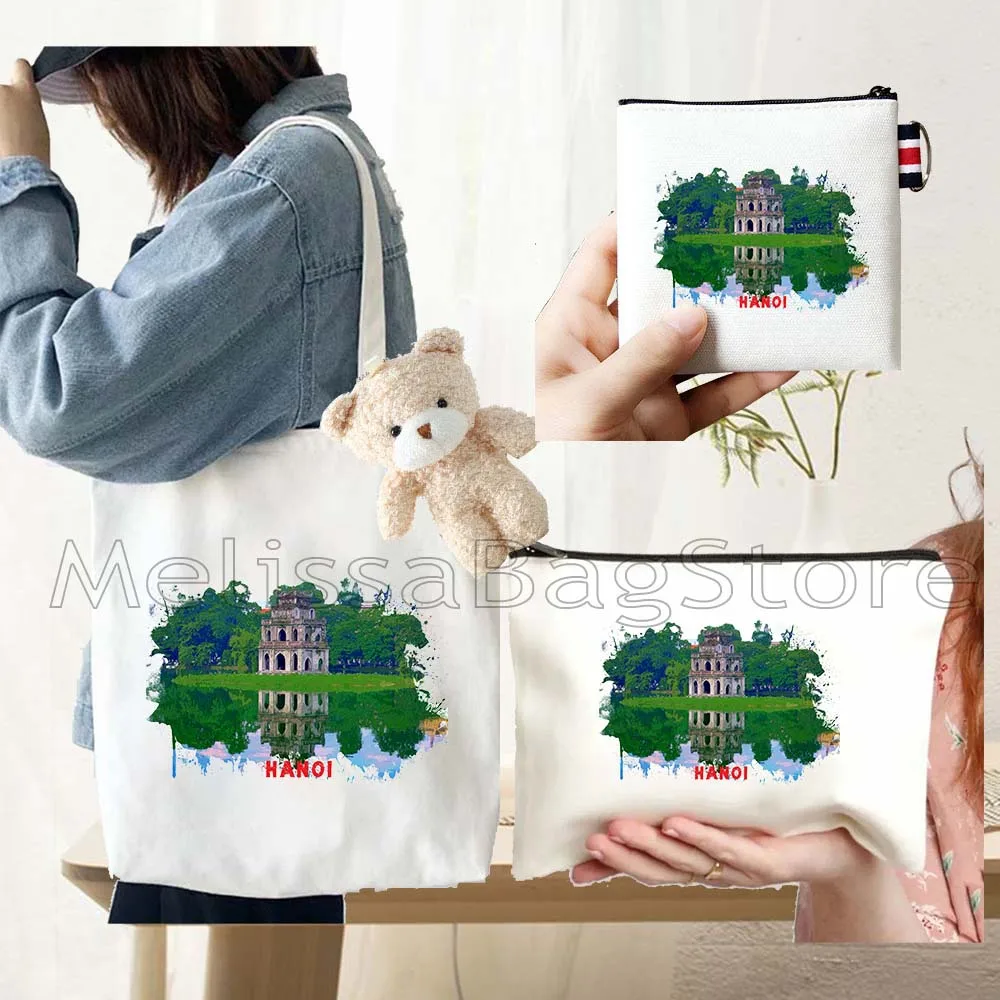 4PCS Gifts Set Hanoi Vietnam White Canvas Tote Bag Handbag with Doll Key Coin Purse Cosmetic Makeup Toilet Bag Case Pouch