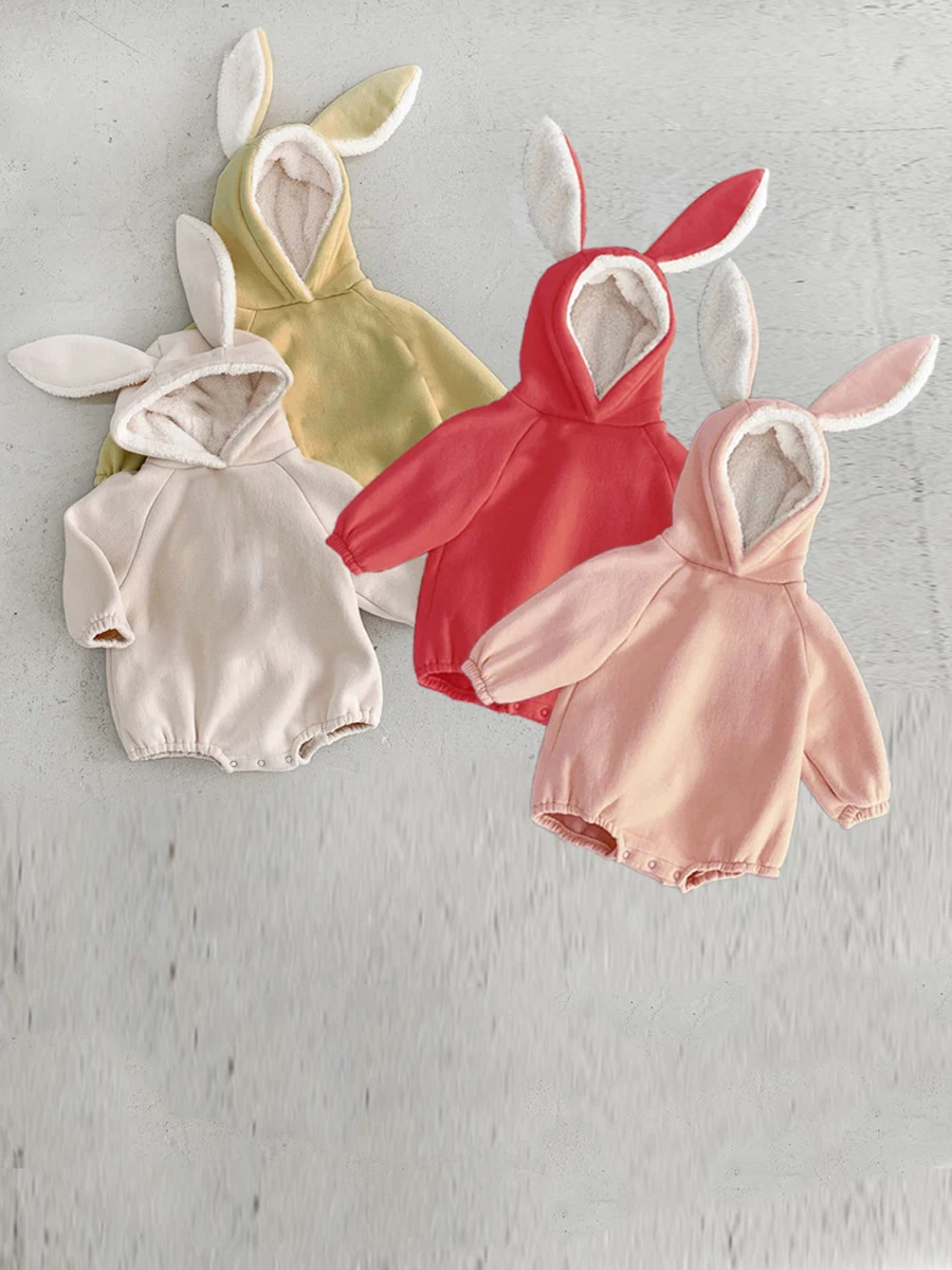 

Instagram Korean male and female baby winter new onesie cute rabbit ears fleece hoodie cover fart crawling suit