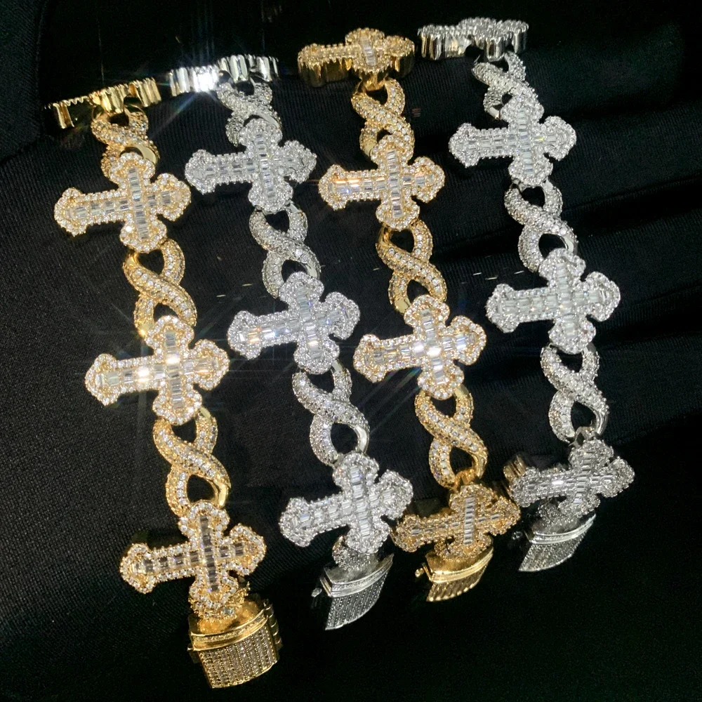 2025 New Men Boy Hip Hop Jewelry Iced Out Bling 5A CZ Multi Cross Charm X Shape Cuban Chain Charm Bracelet Gifts