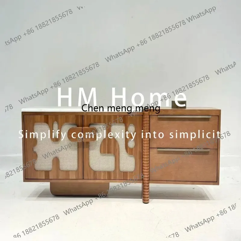 

RR Medieval minimalist style modern household solid wood TV cabinet, rattan door panel drawer locker