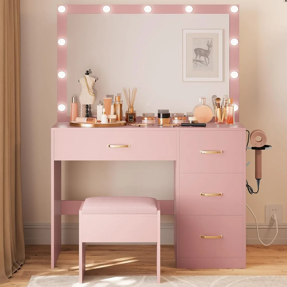 

Vanity Desk Set with Large Lighted Mirror & Power Outlet,3 Color Lighting Modes,Makeup Vanity Table with 4 Drawers,Storage Bench