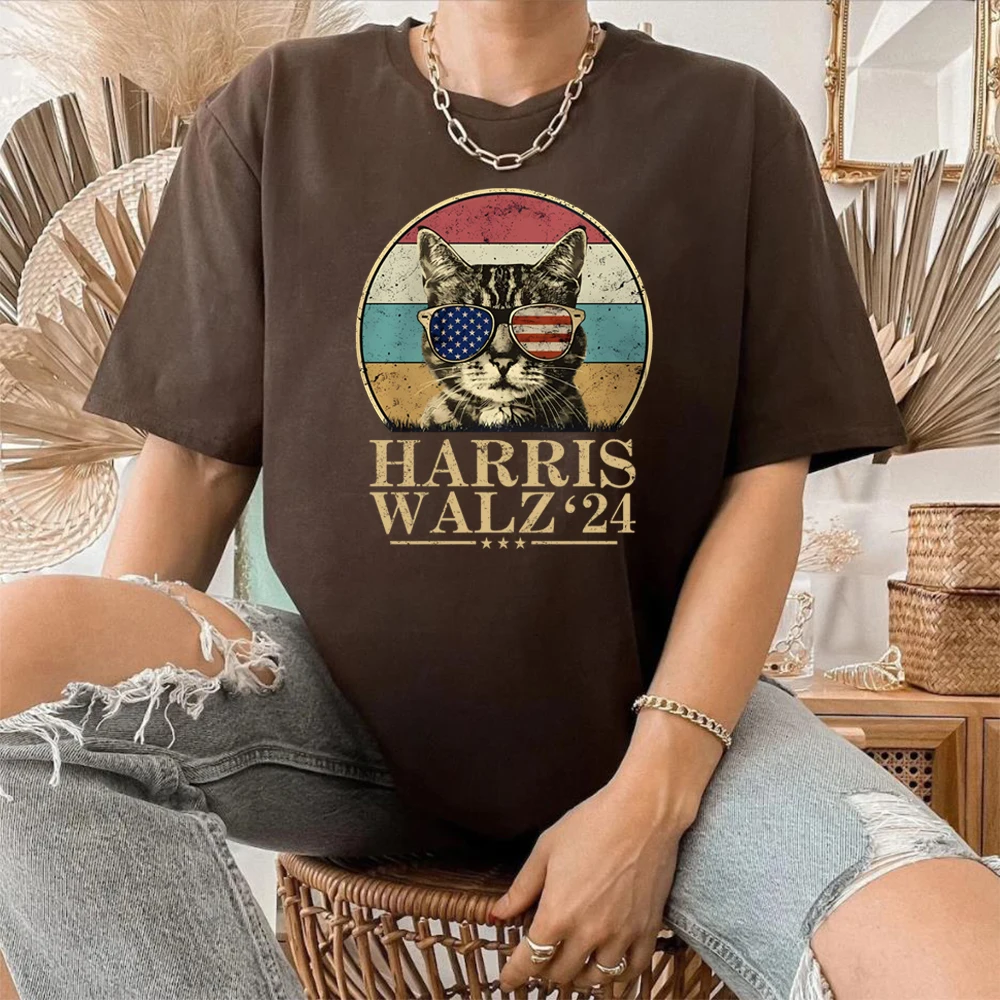 Harris Walz Shirt Election Cat Lady Kamala Harris Tim Waltz T-Shirt Vote for Harris Walz 2024 Tees Vintage Aesthetic Women Tops