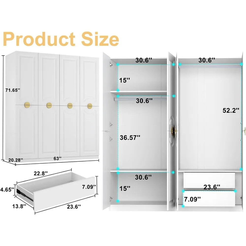 Wood White Wardrobe Closet with Drawers: 4 Doors - 2 Drawers and Armoire with Shelves & Hanging Rod - Cabinet Handle with Metal