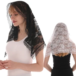 Estilo espanhol Lace Rose Flower Print Wedding Veil Bandana Headscarf para Igreja Oração Xale Noiva Wedding Gauze Kerchief