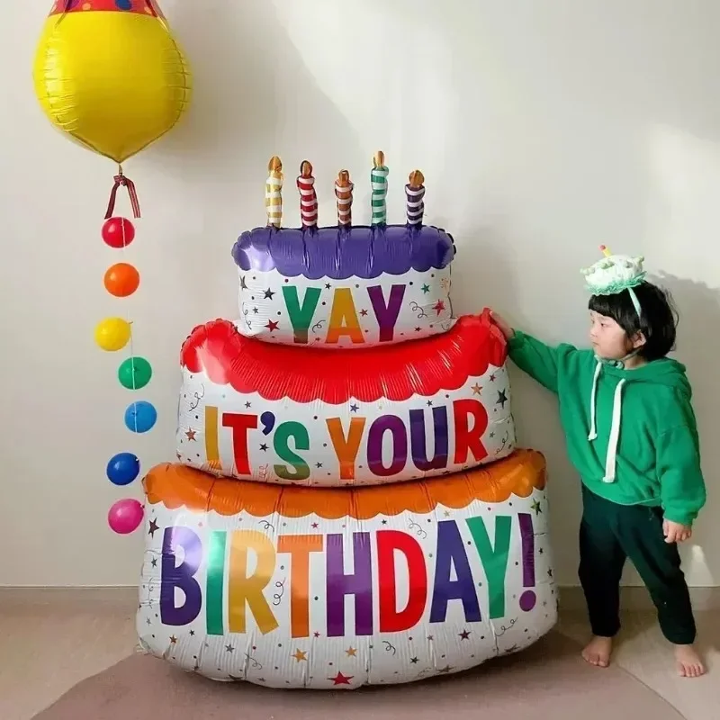 Large 3-Layer Birthday Cake Balloons Color Candles Cakes Foil Balloon Bear Cake Balloon for Baby Shower Party Decoration Props