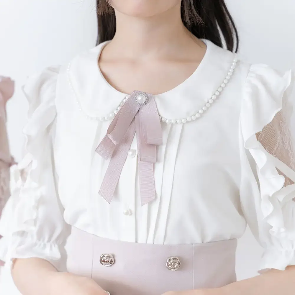 Female Japanese Lace Patchwork Shirt Off-Shoulder Beaded Bowknot Top Solid Color Sweet Cute All-Match Blouse for Women Shirts