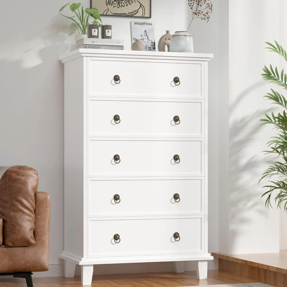 5 Drawers Dresser for Bedroom, White Chest of Drawers Tall Wood Dresser with Large Storage Organizer for Living Room, Hallway