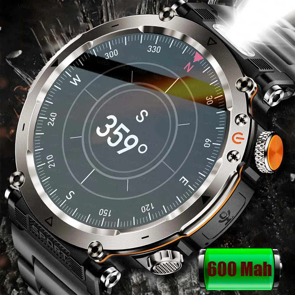 

5ATM Outdoor Smart Watch Men 600mAh LED Flashlight SmartWatch Compass Bluetooth call Heart Rate IP68 Sports Smartwatch New 2026