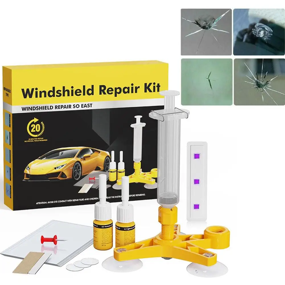 Automotive glass repair kit for repairing cracked windshields suitable for cars trucks and motorcycles with lights