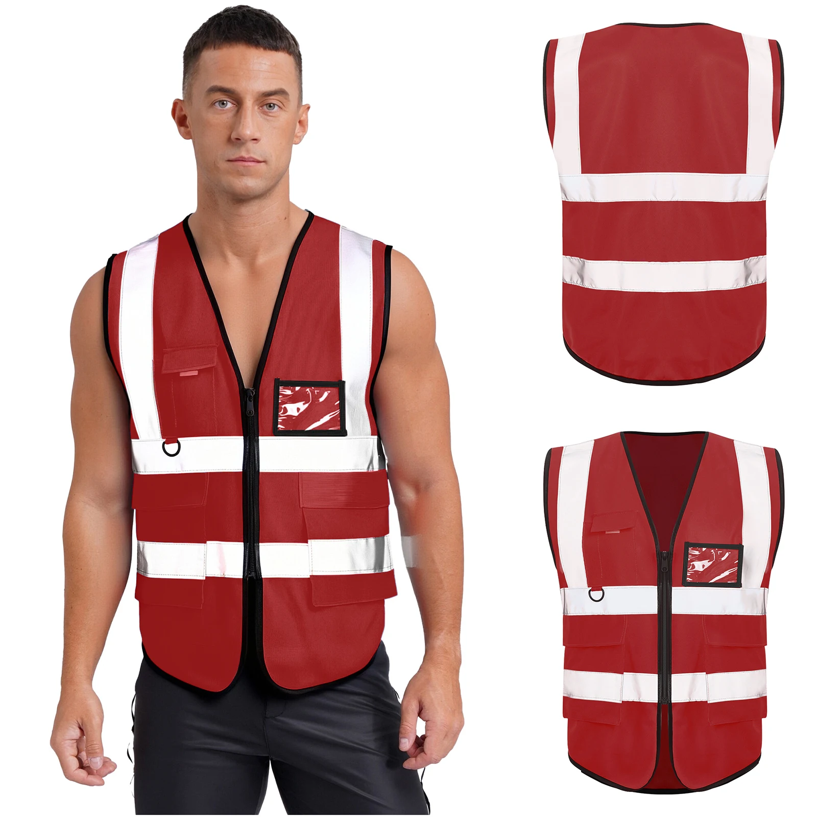 

Мужской светоотражающий защитный жилет высокой видимости с v-образным вырезом без рукавов на молнии, рабочая куртка с несколькими карманами для ночных езды на велосипеде и улицы