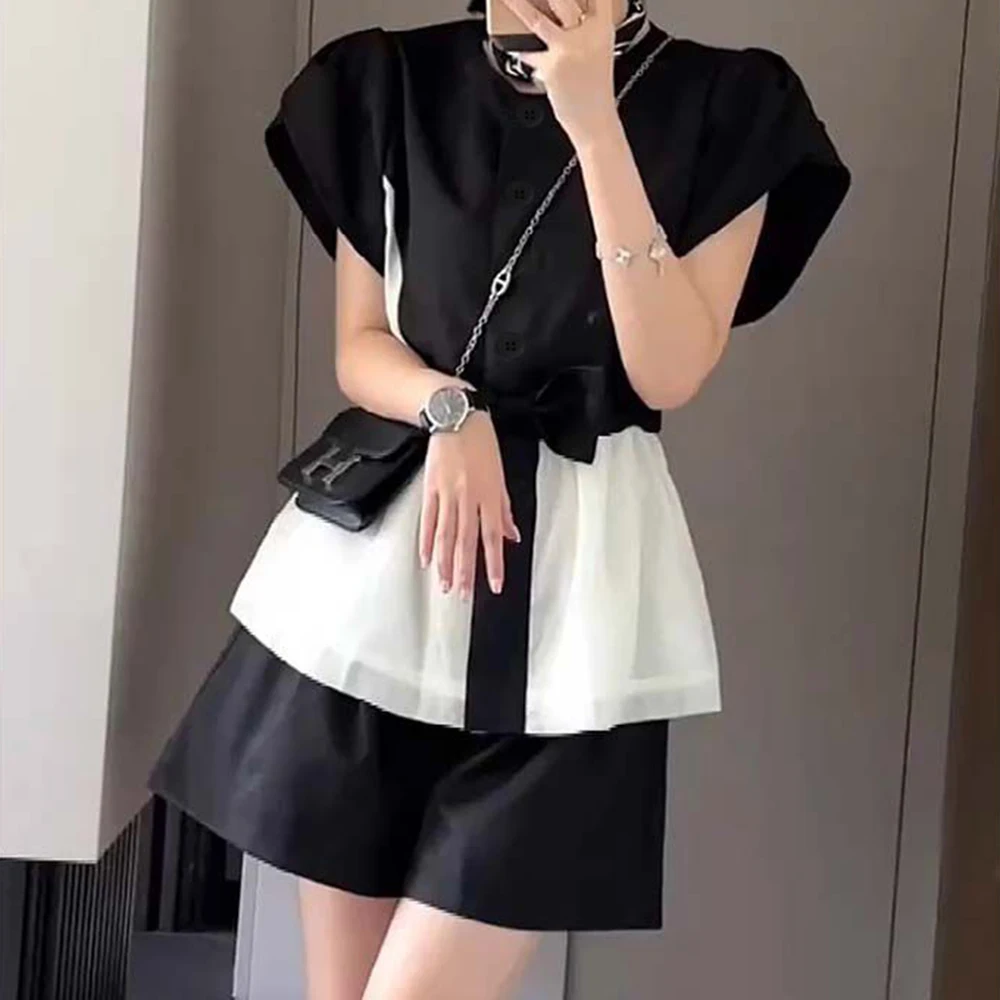 

[Two-piece set] Design sense, fashion temperament, waist bow short-sleeved shirt, thin shorts set