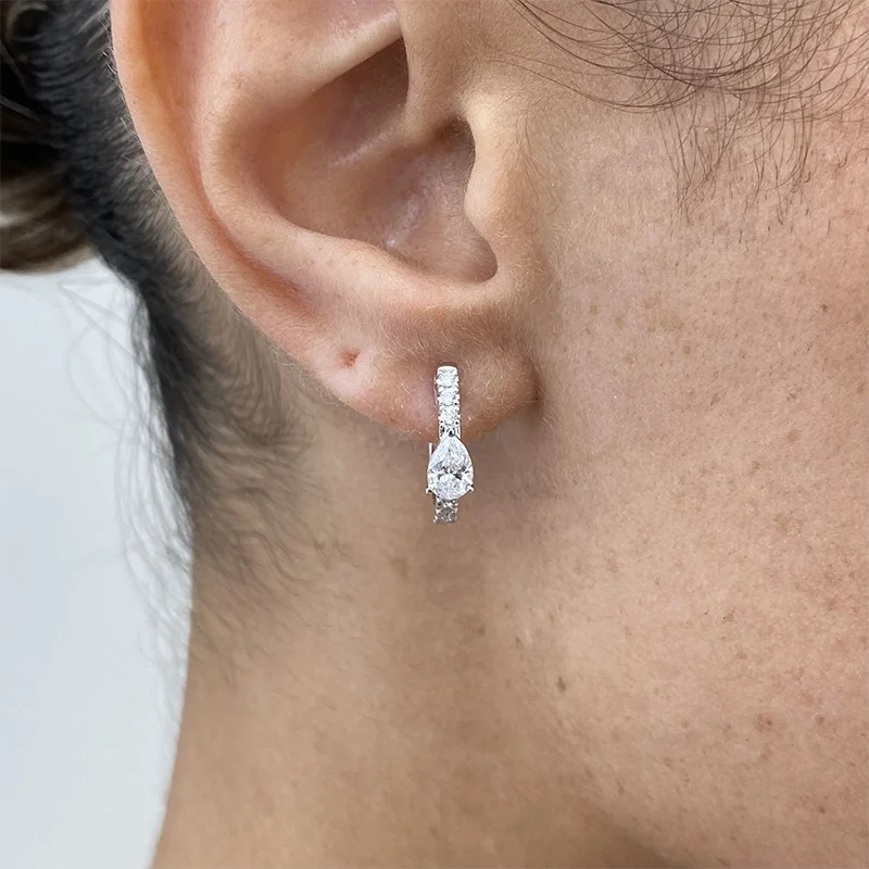 Solid 14K White Gold 1.02ctw DEF/VS VVS Pear&round Cut HPHT Lab Grown Diamond Hoop Earrings Birthday Anniversary Gift