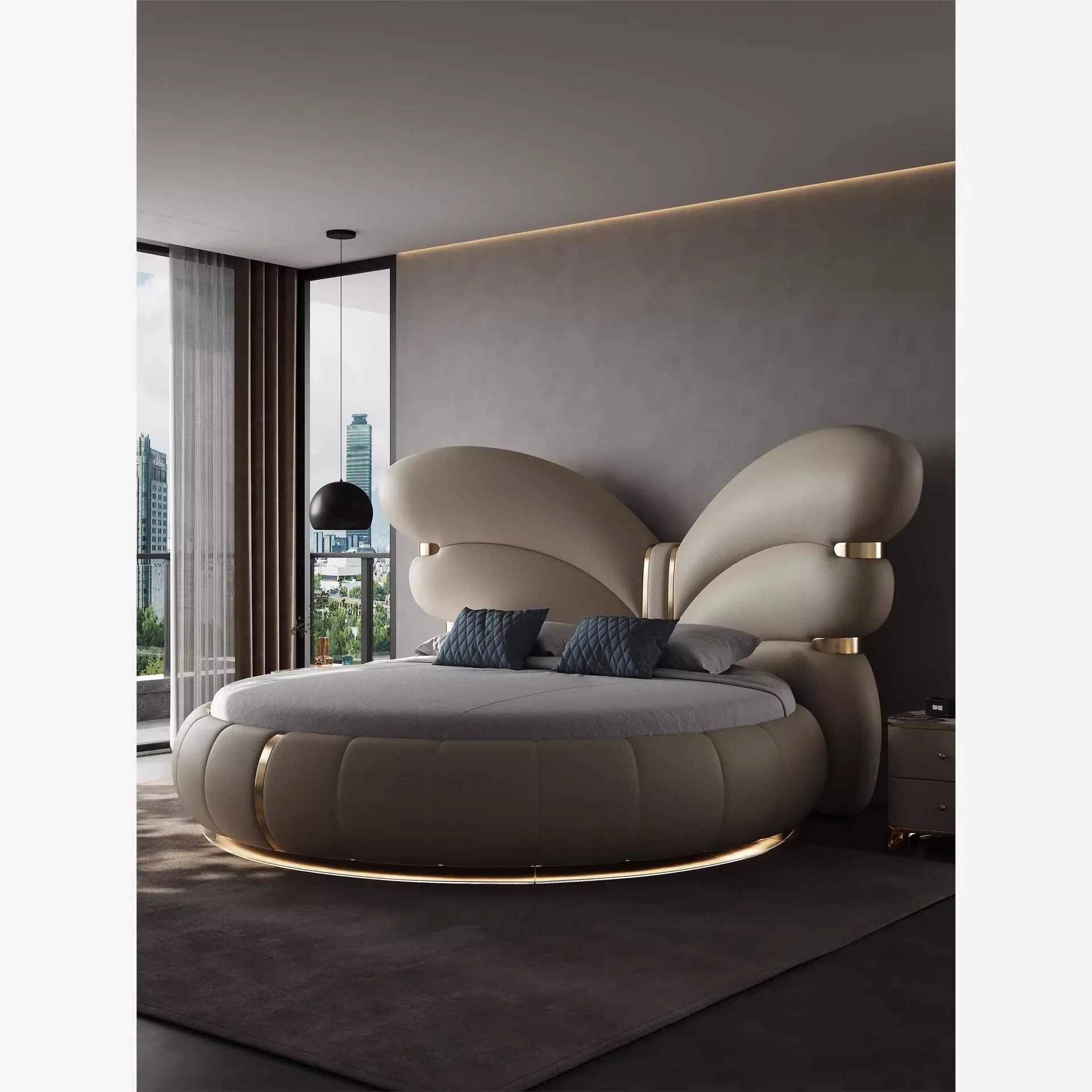 Floor-to-ceiling large round bed Italian minimalist modern light luxury leather bed Master bedroom bed