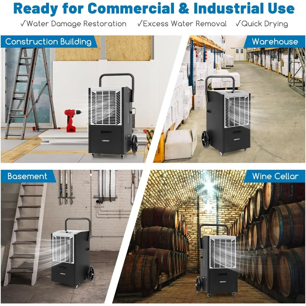 163파인트 상업용 제습기, 4500평방피트 제습기(펌프 및 배수 호스 포함), 지하실, 창고, 작업장용 24시간 타이머