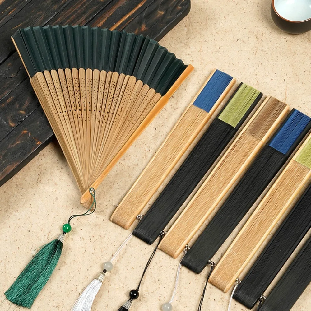 Portable Carved Handle Bamboo Folding Fan with Tassel Vintage Chinese Fan Handhold Dance Fan Ladies