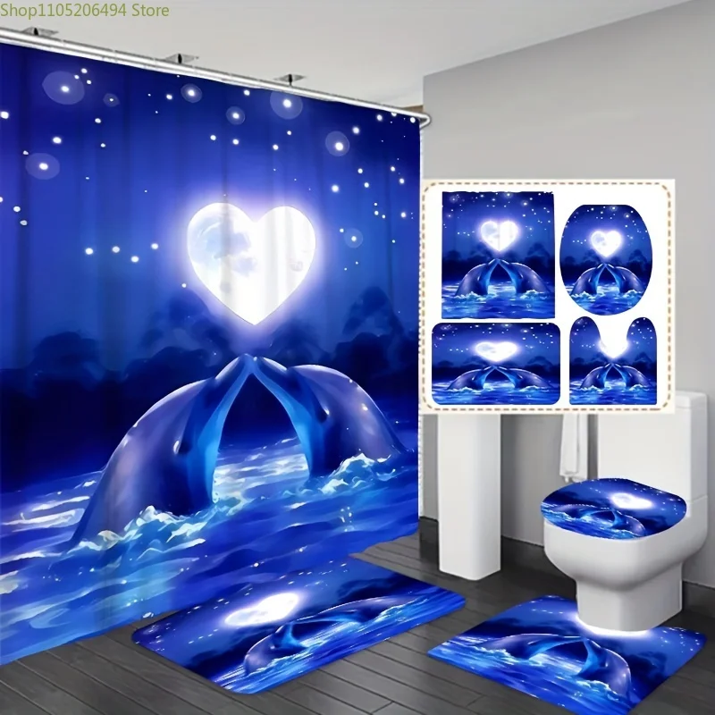 

1pc/3pcs/4pcs Heart-Shaped Moon And Two Dolphins Pattern Bathroom Set with Shower Curtain Three-Piece Set Four-Piece Set