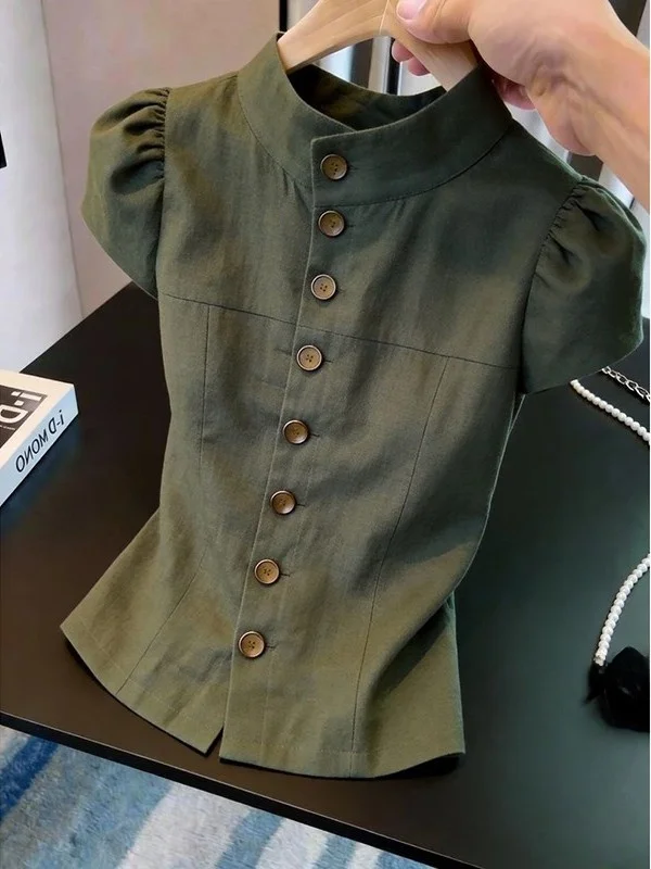 

Slimming Color Stand Collar Short Sleeve Single Button Women's Shirt Korean Style Commute Fashion 2026 Summer New Arrival