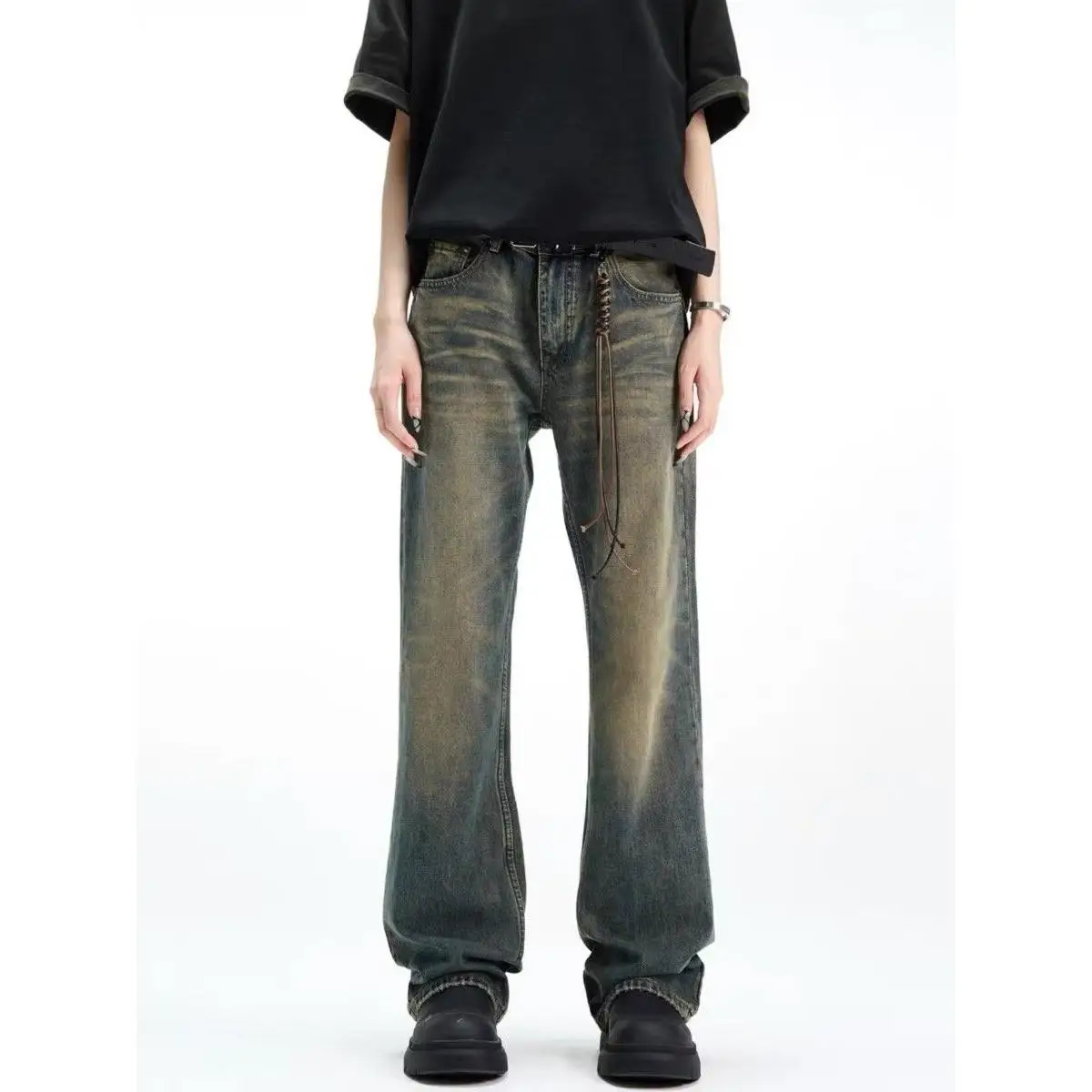 

Мужские джинсы American High Street: Новинка Весна-Осень, свободные прямые брюки, винтажные, слегка расклешенные