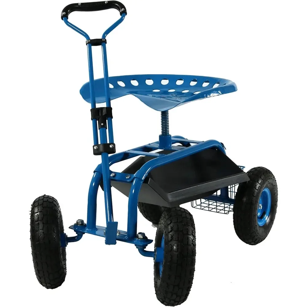 Sunnydaze Garden Cart Rolling Scooter with Extendable Steering Handle -Swivel Seat and Utility Basket - Blue