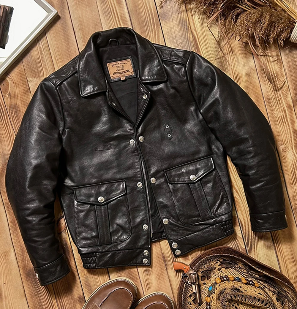 Black Autumn Leather Jacket Men Retro Style Plus Size 5XL Genuine Natural Cowhide Slim Fit Short Leather Coat