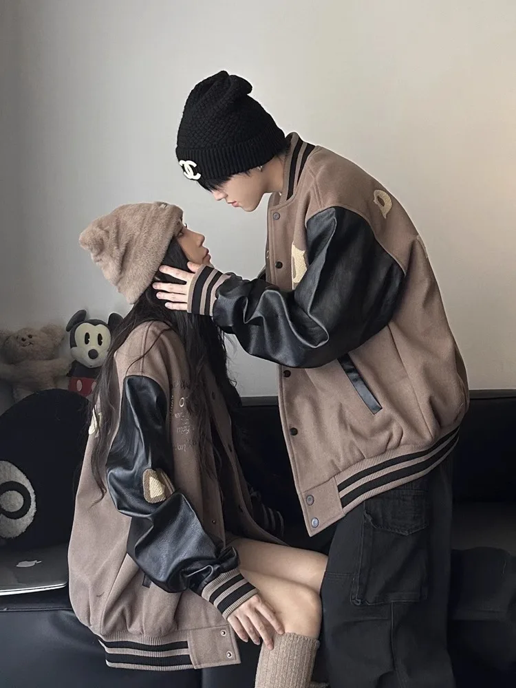 Thickened PU Leather Patchwork Baseball Jacket Men's Women's Couple's Autumn Winter Cotton Sandwich Coat Youth Fashion