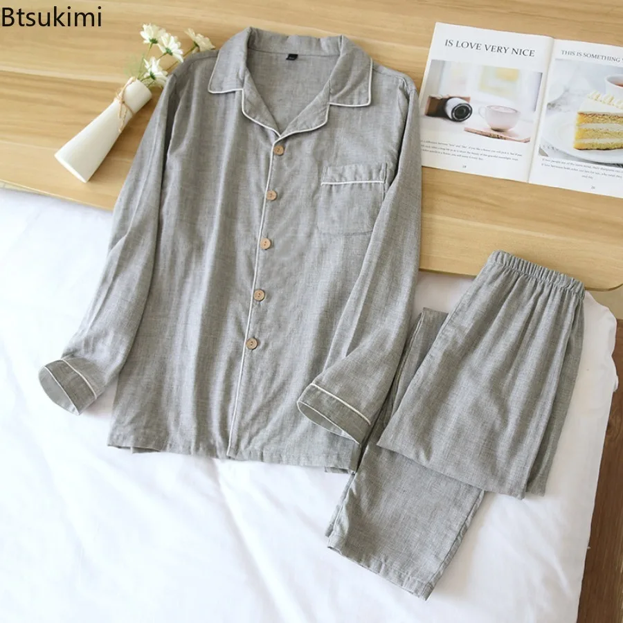 Spring/Autumn 100% Cotton Color-spun Yarn Pajamas Couple Long Sleeve Pants Pajamas 2PCS Women's Home Clothes Sleepwear Nightwear