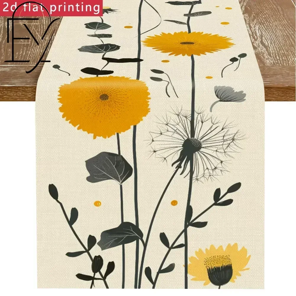 Minimalist Modern Table Runner Yellow Sunflower Dandelion Linen Tablecloth Abstract Floral Kitchen Dining Room Table Decoration