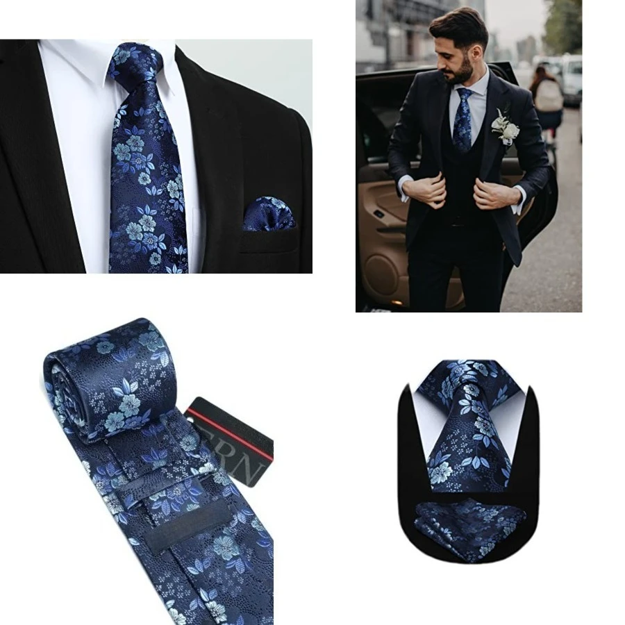 Corbatas florales para hombre, conjunto de corbata clásica tejida de 3.4 pulgadas, corbata formal con pañuelo de bolsillo para boda con caja de regalo, azul floral-1
