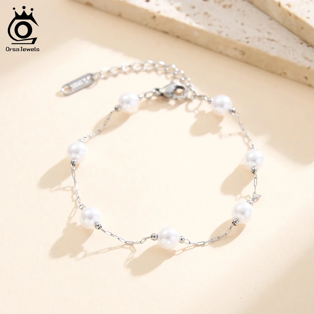 

ORSA JEWELS Stainless Steel Shell Pearl Bracelet for Women Dainty Bamboo Chain Bracelets Trendy Waterproof Jewelry STPB01